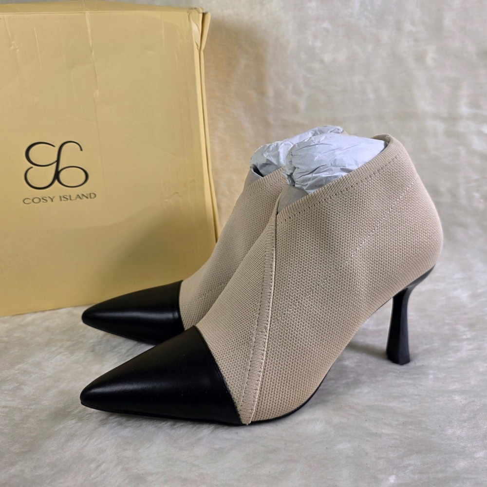 Cosy Island Knit Ankle Boots Beige Black Cap Toe Pointed Stiletto Womens 7 NIB
